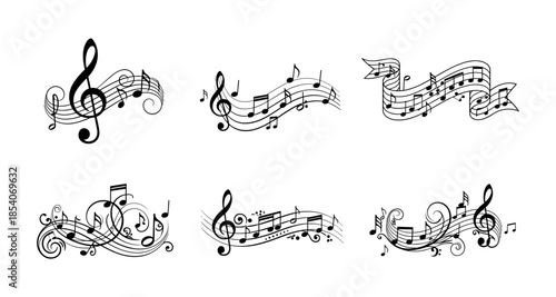 Collection of decorative musical notes and staffs with treble clefs