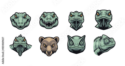 Collection of fierce reptile and bear heads in a stylized, graphic art design