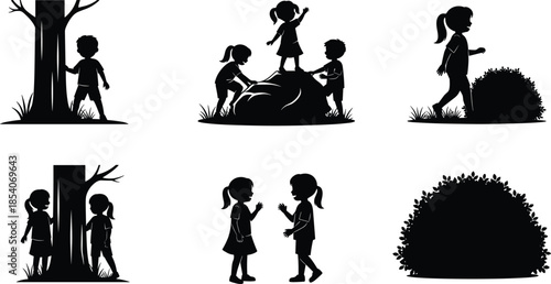 Children playing silhouettes set, kids outdoor activities, childhood friendship scenes, park nature vector illustrations, playful moments collection, for creative design