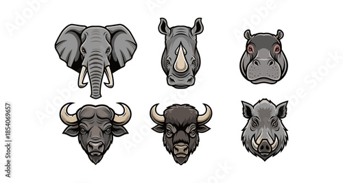 Collection of six wild animal heads, including elephant, rhino, hippo, buffalo, bison, and wild boar