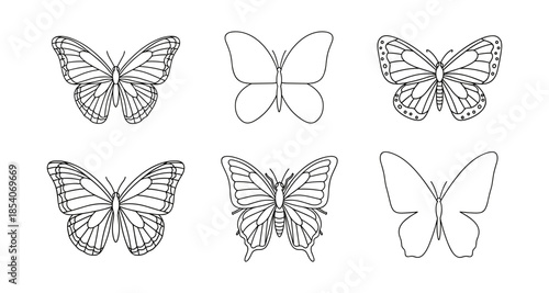 Collection of six different butterfly line art illustrations on a white background