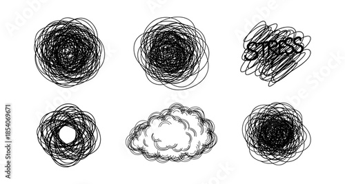 Abstract scribbles and a cloud illustration representing chaos and stress