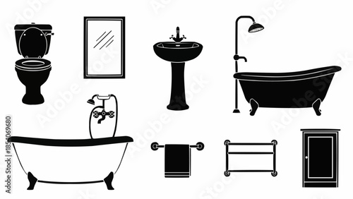 Bathroom Fixtures and Accessories Silhouette Set.