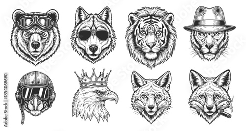 Collection of anthropomorphic animal heads with distinct accessories and styles
