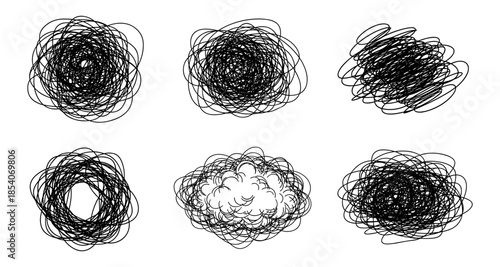 Collection of six abstract black ink scribbles and doodles on a white background