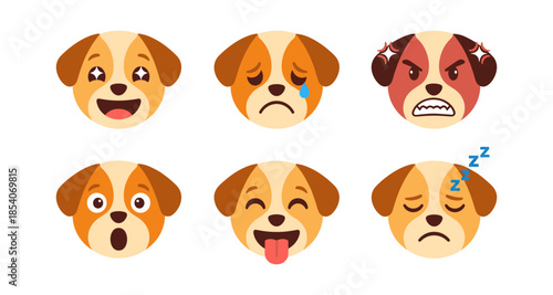 Collection of cute dog emojis showing various emotions and expressions
