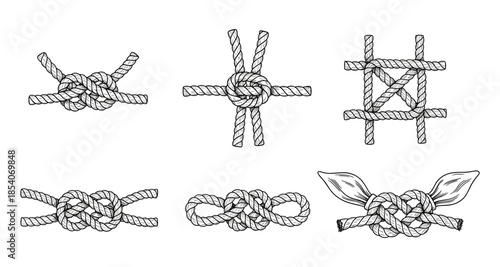 Collection of six different nautical rope knots illustrated in a vintage style