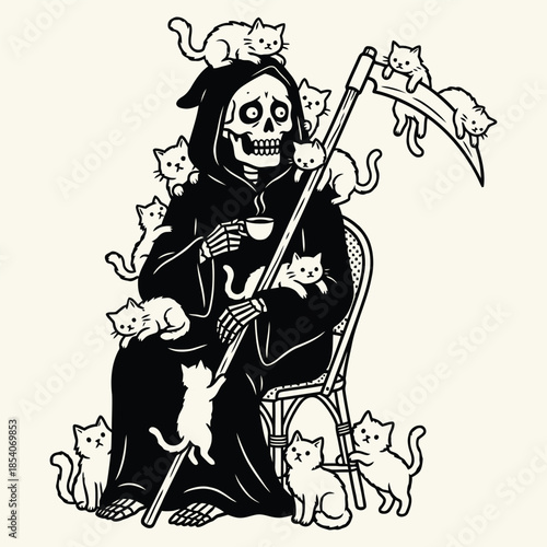Funny Grim Reaper Taking a Tea Break with Cat Companions
