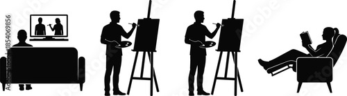 Creative leisure activities silhouettes collection, painting watching television reading book, artistic lifestyle hobbies, black human figures isolated on white