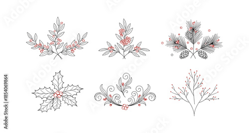 Collection of six hand-drawn winter botanical elements with red berries and pine cones