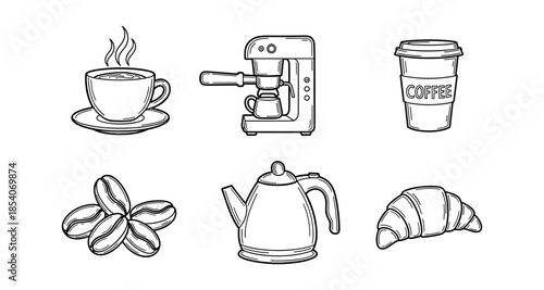Hand-drawn coffee icons including a cup, espresso machine, beans, kettle, and croissant