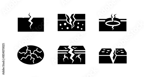 Collection of black and white icons representing different types of ground cracks and fissures