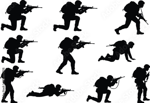 Military soldier silhouettes set, tactical combat poses, armed forces training, infantry action, warfare defense concept, vector illustration isolated background