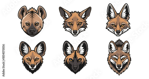 Collection of six stylized wild animal heads including hyena and foxes