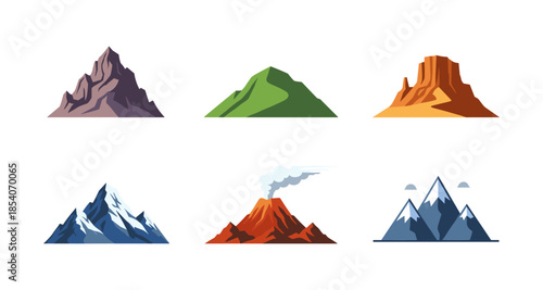 Collection of diverse mountain and volcano landscape illustrations in a flat design style