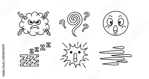Collection of cartoon emotion icons representing anger, confusion, surprise, sleep, and shock