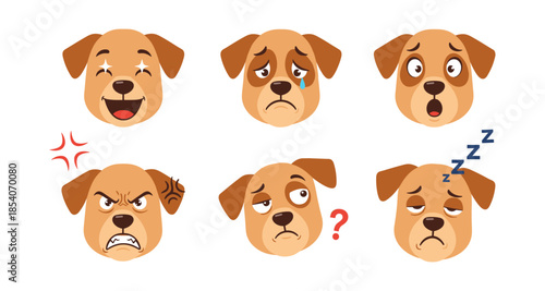 Collection of dog faces expressing various emotions like happiness, sadness, and anger