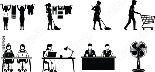 Daily life activity silhouettes collection, household chores, shopping, office work, women and men routines, lifestyle icons, routine tasks
