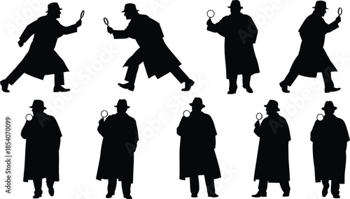 Detective investigation silhouettes set, private investigator with magnifying glass poses, mystery crime search concept, noir style, black vector illustration