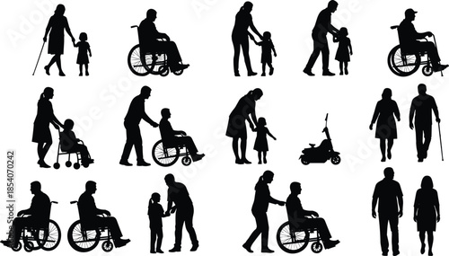 Family caregiving silhouettes collection, parents children elderly wheelchair support walking assistance, social care lifestyle concept, black figures isolated on white