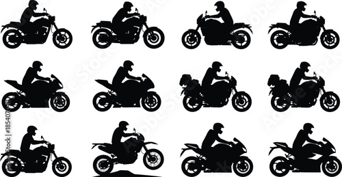 Motorcycle rider silhouettes collection showing sport bike cruiser and dirt bike profiles isolated on white background for transportation design illustration