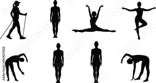 Fitness and yoga silhouettes collection, women exercising, stretching, ballet dance poses, healthy lifestyle, flexibility training, wellness activity set