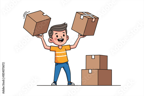 Cartoon boy lifting and holding cardboard boxes for moving house