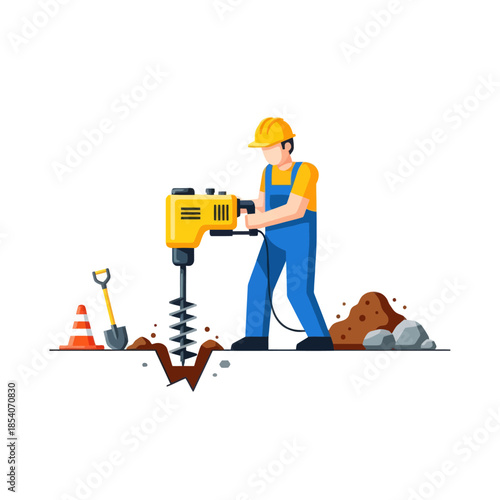 Construction Worker Using Heavy Equipment for Ground Penetration and Soil Testing on Site