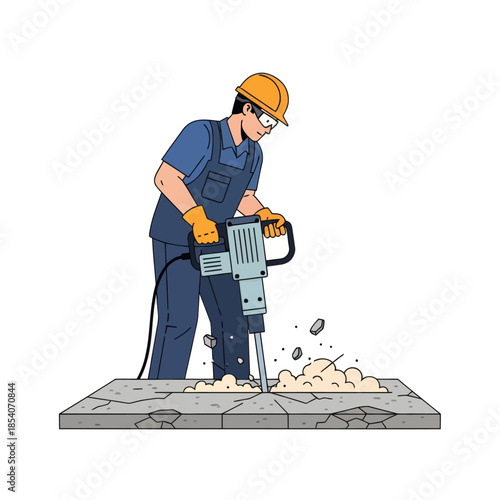 construction worker operating jackhammer on concrete surface in urban environment
