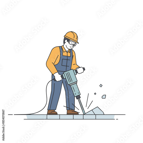 Construction worker operating jackhammer disrupting surface with safety gear and casual stance
