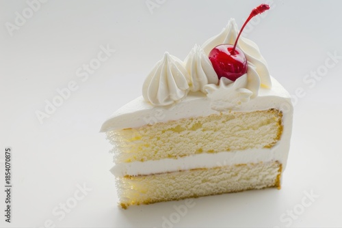 Sweet vanilla cake slice with creamy white frosting red cherry on top on transparent background
