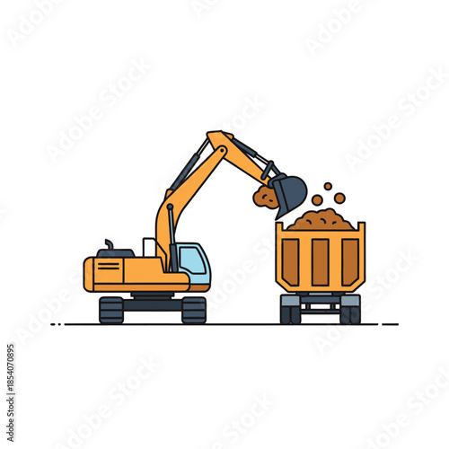 Animated excavator loading dirt into a construction dumpster illustrating urban excavation work