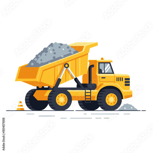 Heavy-duty construction dump truck hauling gravel on construction site with vibrant colors and