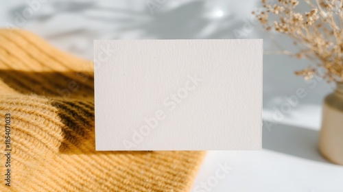 Blank white card mockup on cozy yellow knit sweater, with dried flowers in vase and soft light shadows. Ideal for wallpaper, poster, stationery design: minimalist warm aesthetic template for notes