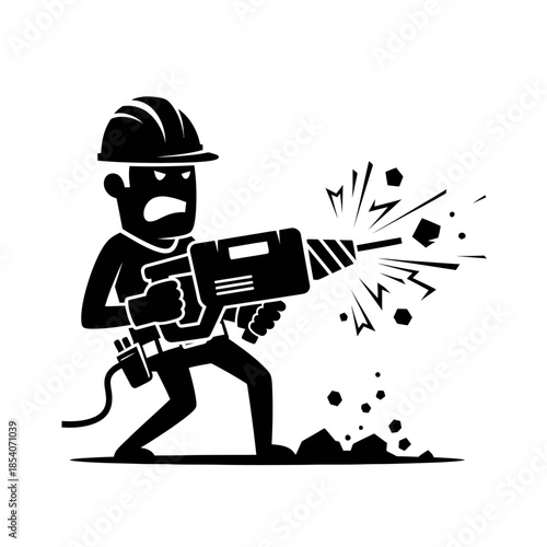 Silhouette of a cartoon construction worker using a jackhammer with debris flying in all directions