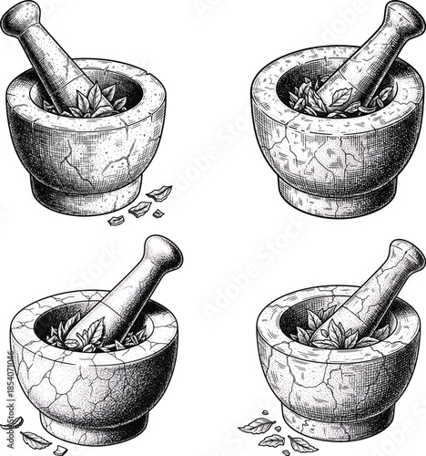 Mortar Pestle With Crushed Herbs Food Illustration Set Etching Engraving Style Culinary Kitchen Tool