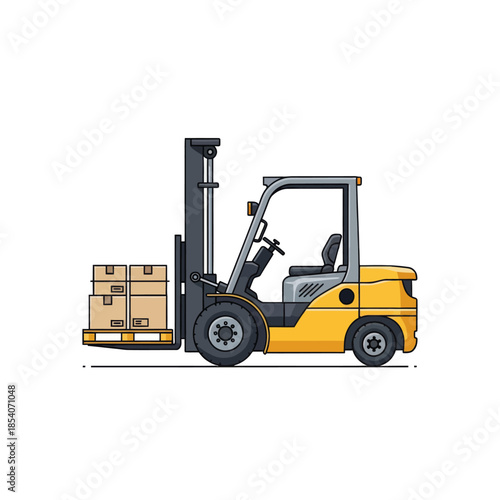 Industrial forklift transporting wooden crates with safety features and operational controls for
