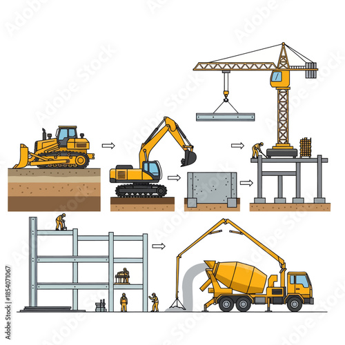 Comprehensive construction process illustration showcasing machinery and building stages