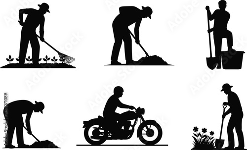 Gardening and outdoor work silhouettes, farmers digging soil, planting crops, manual labor, rural lifestyle, agriculture tools, nature activity, concept, illustration