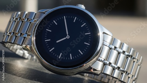 Elegant silver wristwatch with a sleek black dial