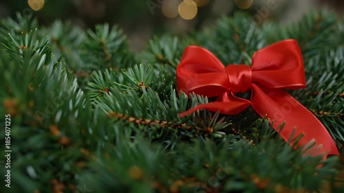 Close-up of a festive red ribbon bow resting on lush green pine branches for Christmas decor