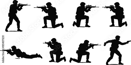 Military soldier silhouettes set, tactical shooting poses, armed forces training, combat kneeling standing prone actions, warfare defense vector illustration background