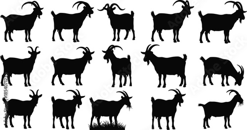 Goat silhouette collection, farm animal poses, livestock agriculture concept, rural countryside mammals, domestic goats, black vector illustration set