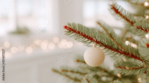 Christmas tree branch (red-trimmed) holding gold glitter bauble, soft bokeh light background in light neutral space. Ideal for wallpaper, poster, festive holiday decor or warm seasonal greeting design
