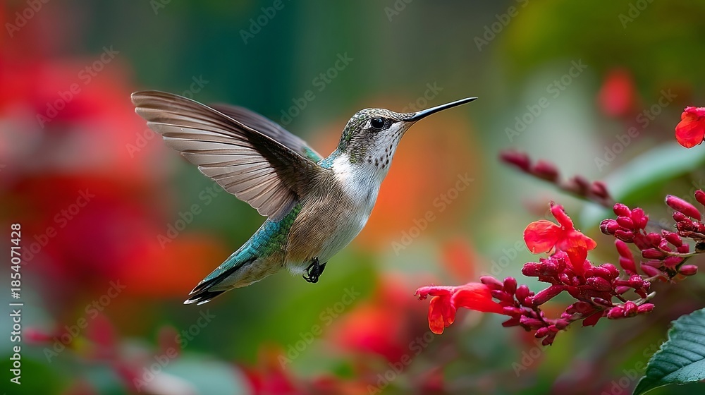 Fototapeta premium A vibrant hummingbird flits among bright red flowers, showcasing its iridescent feathers in a lush, colorful garden.