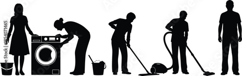 House cleaning people silhouettes set, domestic chores activities, laundry washing and vacuum cleaning, household service vector illustrations collection