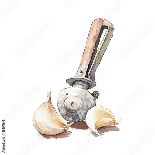a_garlic_press_on_a_white_vectorized, Hand-painted style, vector set available in EPS An Elegant watercolor painting design collection