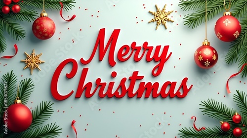 Elegant Xmas 3D icon pack with detailed gold snowflakes, glossy red ornament balls, natural fir branches, and scattered confetti, vector illustration for greeting cards and banners