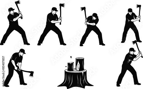 Lumberjack wood chopping silhouettes set, axe swing actions, forestry worker poses, black vector illustration isolated on white