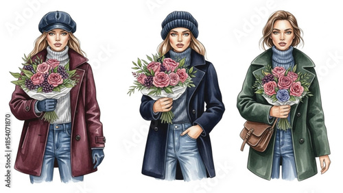 Watercolor Fashion Illustration Set of Women in Winter Coats Holding Floral Bouquets on White Background